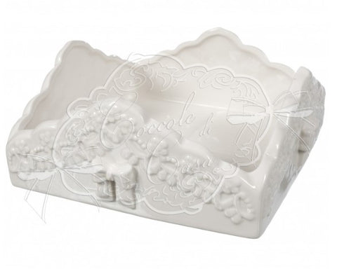 COCCOLE DI CASA Porta tovaglioli da tavola quadrato in ceramica bianca con fiocco Shabby Chic "Flower" 20x20x10 cm