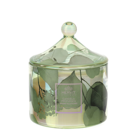 Bougie en verre floral vert Hervit "Pagode Botanique" D9,5x12 cm