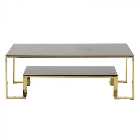 INART Table basse avec plateaux en verre noir et base en métal doré 130x70x45 cm