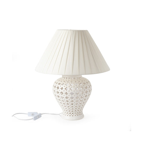 HERVIT Lampe potiche en porcelaine blanche perforée avec abat-jour 24x34 cm