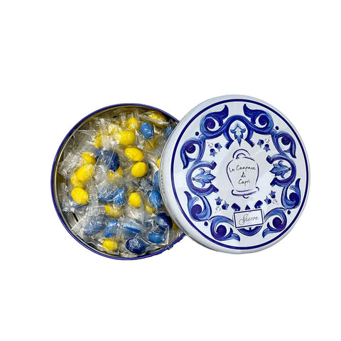 SHARON Scatola rotonda in latta bianco / blu, porta confetti idea bomboniera