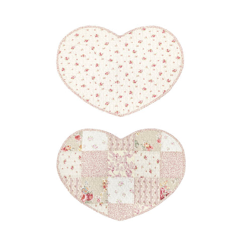 FABRIC CLOUDS Set of 2 double-sided heart-shaped placemats with pink cotton flowers 50x50cm