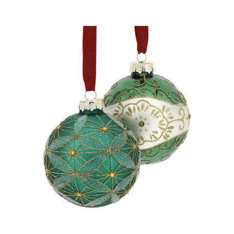 HERVIT Box sfere set 2 palline natalizie per albero vetro verde e oro Ø9 cm