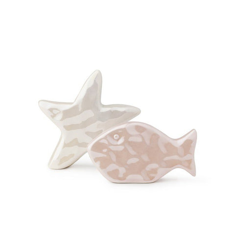 HERVIT Set stella marina + pesce rosa in porcellana perlata bugnata 11 cm 27522