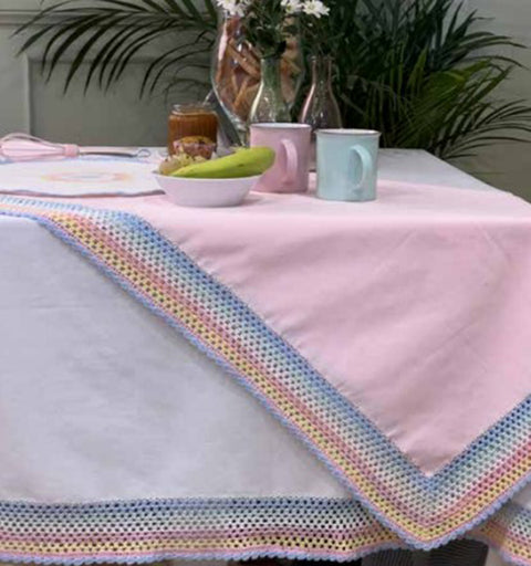 L'ATELIER 17 Rectangular kitchen tablecloth in pure cotton with rainbow crochet, Shabby Chic "Shanti" 3 variants