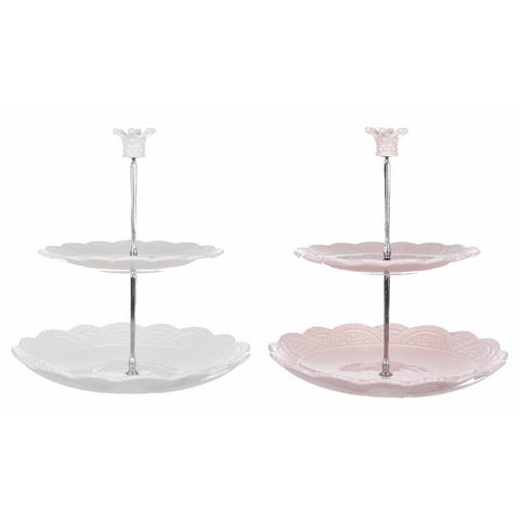 BLANC MARICLO' Présentoir à gâteaux 2 étages shabby chic en céramique blanche et rose H 27,5 cm A30143