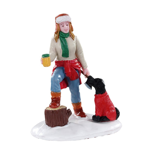 LEMAX Statuina boscaiola con cane per villaggio di Natale poliresina 5,8x4x7 cm
