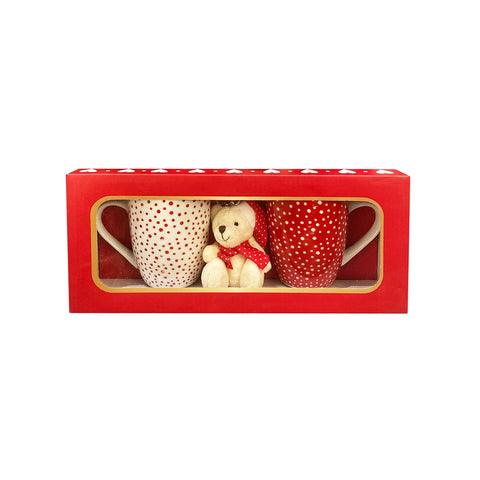 MAGNUS REGALO Set 2 mugs with ILVA teddy bear keychain gift box with hearts 330 ml