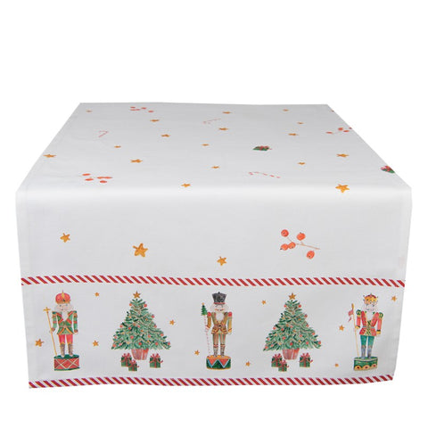 Chemin de table de Noël Clayre &amp; Eef avec casse-noix rectangulaire blanc et rouge en coton 50x140 cm