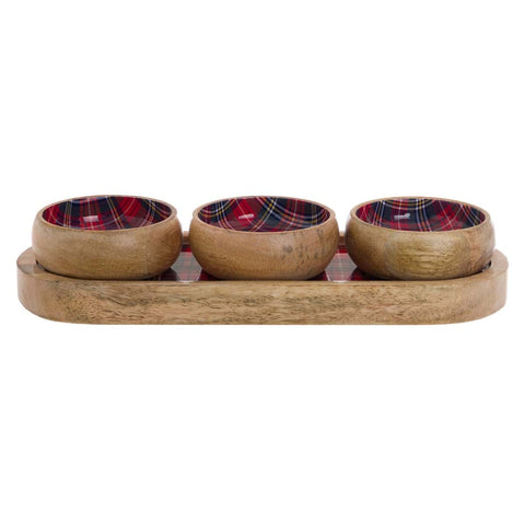 Blanc Mariclò Plateau set de 3 bols tartan en bois de manguier « Carol of Bells »