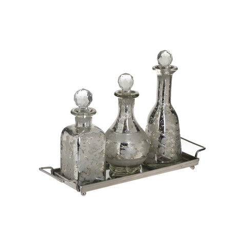 INART Set of 3 glass bottles + antique silver colored metal tray 33x11x23 cm