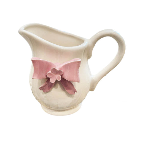 NALI' Pot à lait en porcelaine blanche de Capodimonte avec noeud rose 13x10 cm