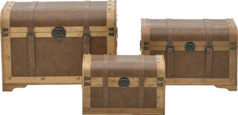 INART Tris de malles en cuir, bois et métal beige et marron 60x43x42 cm