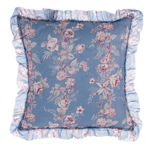 BLANC MARICLO' Cushion with FLOWERY FRIENDSHIP frill with light blue flowers 45x45 cm