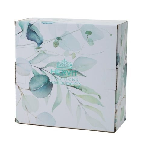 Hervit Botanic green glass vase with leaf decorations + gift box 12xh20 cm