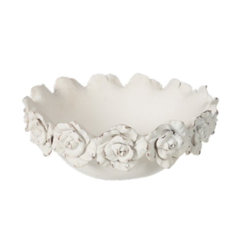 COCCOLE DI CASA White round centerpiece with roses, Shabby Chic antique effect polyresin tray D.20XH.48 CM