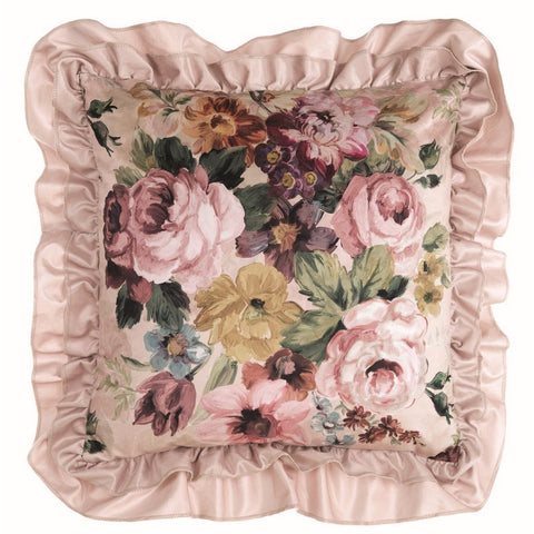 BLANC MARICLO' Velvet cushion with FRESCO frill with pink flowers 45x45 cm