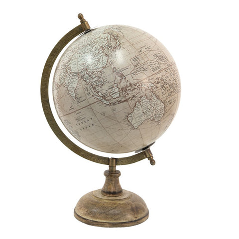Clayre &amp; Eef Globe terrestre décoratif beige en bois/fer Retro Vintage 22x22xh33 cm