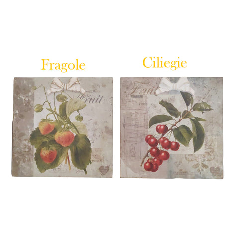 L'arte di Nacchi Quadro da parete quadrato con frutta e fiocco in rilievo effetto anticato in MDF e pasta di legno, Made in italy Vintage Shabby Chic 2 varianti