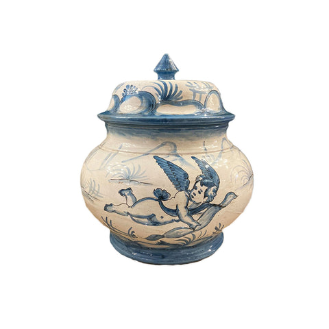 LEONA Barattolo artigianale vaso SALONA ceramica bianca con decori blu Ø27 H30cm