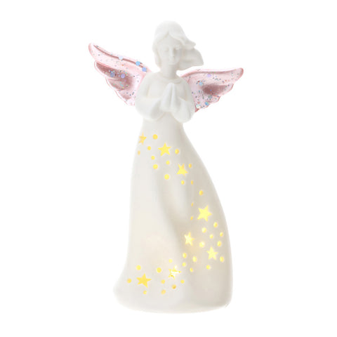HERVIT Figurine ange en porcelaine avec ailes roses et lumière led H18 cm
