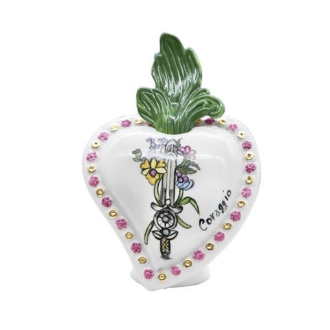 SBORDONE Coeur parfum d'ambiance COURAGE avec épée et fleurs en porcelaine 12x13 cm