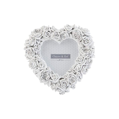 CLAYRE & EEF Cornice portafoto a cuore con roselline resina bianco 9x9 cm