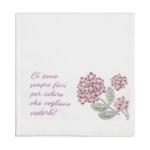 Lena Runner linen flowers with hydrangeas and phrase made in Italy 80x32 cm