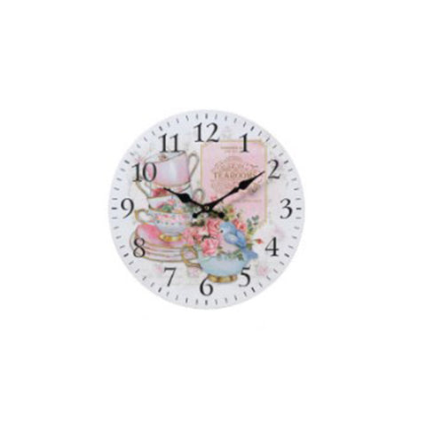L'arte di Nacchi Wall clock in mdf wood with cups, bird and colorful flowers, Vintage Shabby Chic
