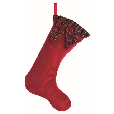 BLANC MARICLO' Velvet Christmas stocking with bow MISTLETOE red tartan 35x19 cm