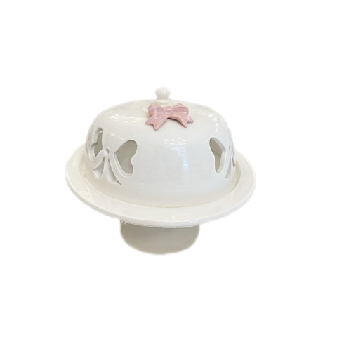 AD REM COLLECTION Présentoir à gâteaux en porcelaine blanche avec noeud rose Ø25 h13 cm