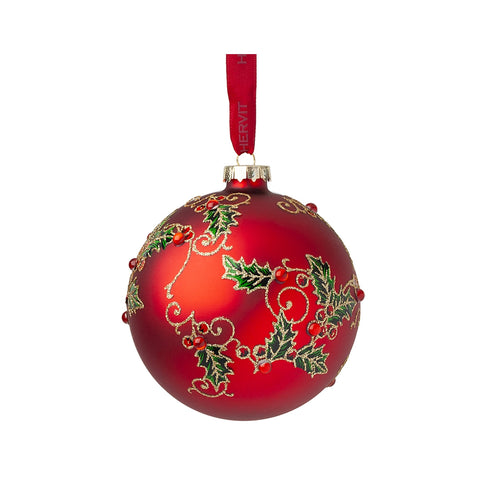 HERVIT Box 3 sfere palline natalizie per albero con agrifoglio vetro rosso Ø8 cm