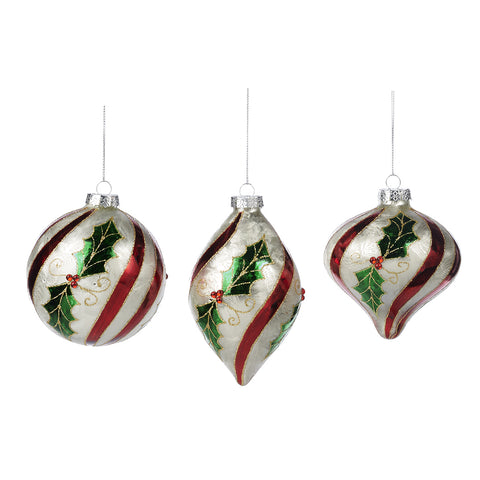GOODWILL Palla di Natale decoro per albero in vetro bianco con agrifoglio 11,5cm 3 varianti (1pz)
