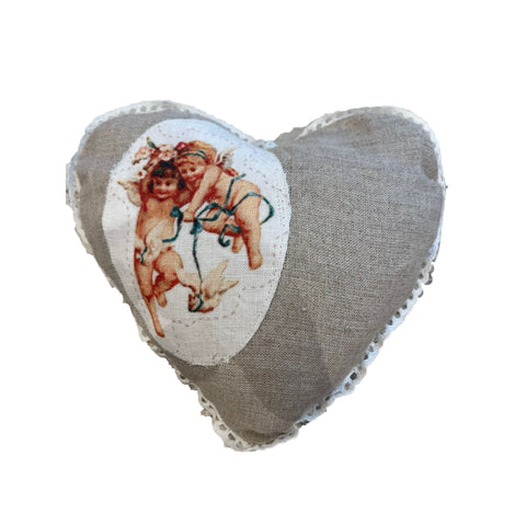 BLANC MARICLO' Sac en lin coeur avec anges LES ANGES 2 variantes 18x20cm