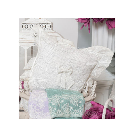 CUDDLES AT HOME Square cushion with white san gallo lace bow rouche 40x40