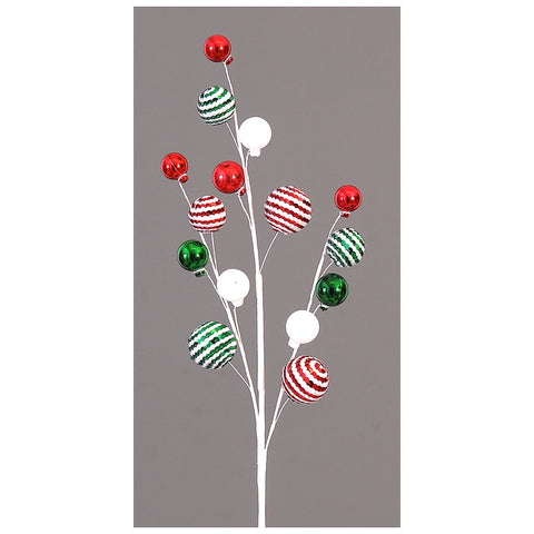 Branche de décoration de Noël VETUR avec boules rouges, blanches et vertes 71 cm