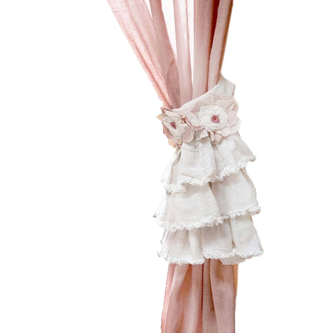 BLANC MARICLO' Set 2 embrasses de rideaux rouches rose lin écru et rose 10x55cm