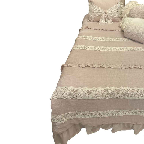 Charming Pink double bed quilt with white lace details cotton linen blend 260x260cm
