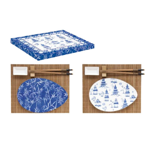 EASY LIFE Porcelain sushi set with blue PAGODA placemats and chopsticks in box