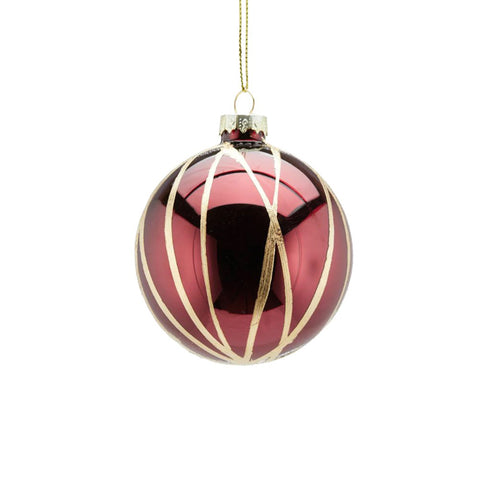 EDG Palla di Natale sfera per albero in vetro bordeaux con righe oro Ø8 cm