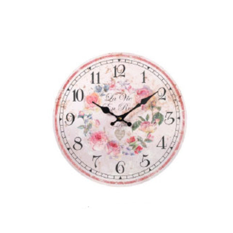 L'ARTE DI NACCHI Orologio da parete decoro floreale in legno MDF rosa shabby chic Ø34 cm