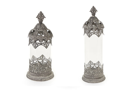 FABRIC CLOUDS Set 2 bougeoirs lanternes avec verre en métal gris effet vieilli, Vintage Shabby Chic Bello Epoque