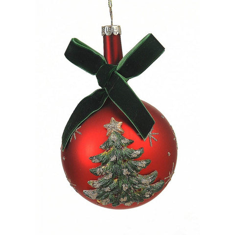 VETUR Pallina per albero di Natale in vetro rosso con fiocco verde 10 cm 95079