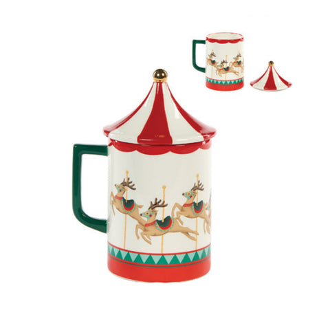GOODWILL Mug circus theme with lid in red and white porcelain 15.5 cm