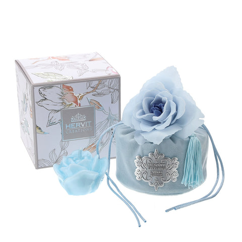 HERVIT Bucket covered in velvet with candle and light blue flower 10x10.5 cm