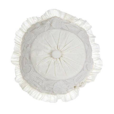 BLANC MARICLO' Round decorative cushion with flowers and white cotton frill Ø40 cm