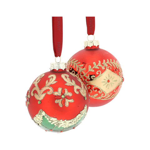 HERVIT Box sfere set 2 palline natalizie per albero vetro rosso e oro Ø9 cm