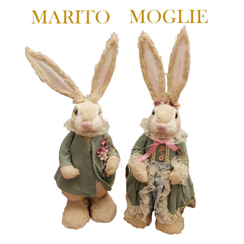 Blanc Mariclò Figurine de décoration de Pâques Lapin avec robe en tissu vert, Shabby Chic CORELLI COLLECTION 2 variantes