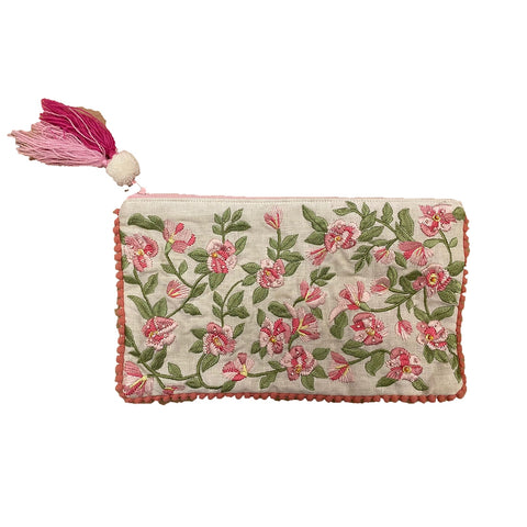 BLANC MARICLO' Shoulder bag Pochette embroidered linen with pink decorations 27x15 cm
