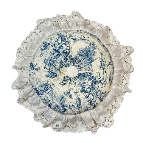 CHARME Light blue and white round cushion with Toile de jouy ruffles D41 cm